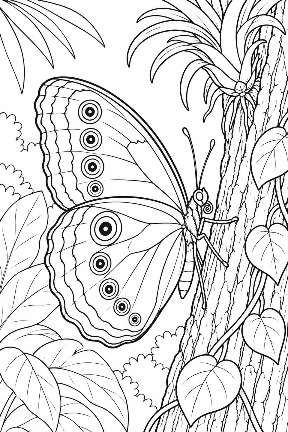 A blue morpho clings to a textured tree trunk, its closed wings showing ringed spots beside trailing leaves.
