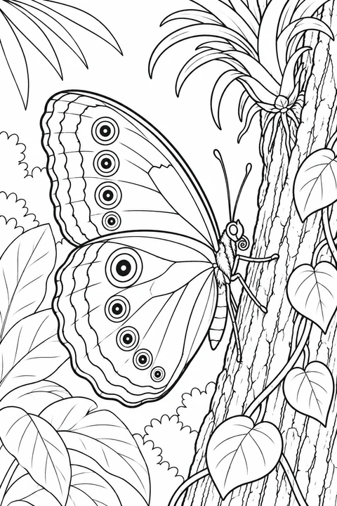 A blue morpho clings to a textured tree trunk, its closed wings showing ringed spots beside trailing leaves.