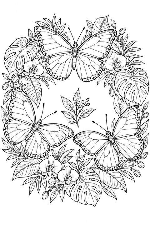 Blue Morpho Butterflies in a Tropical Leaf Wreath