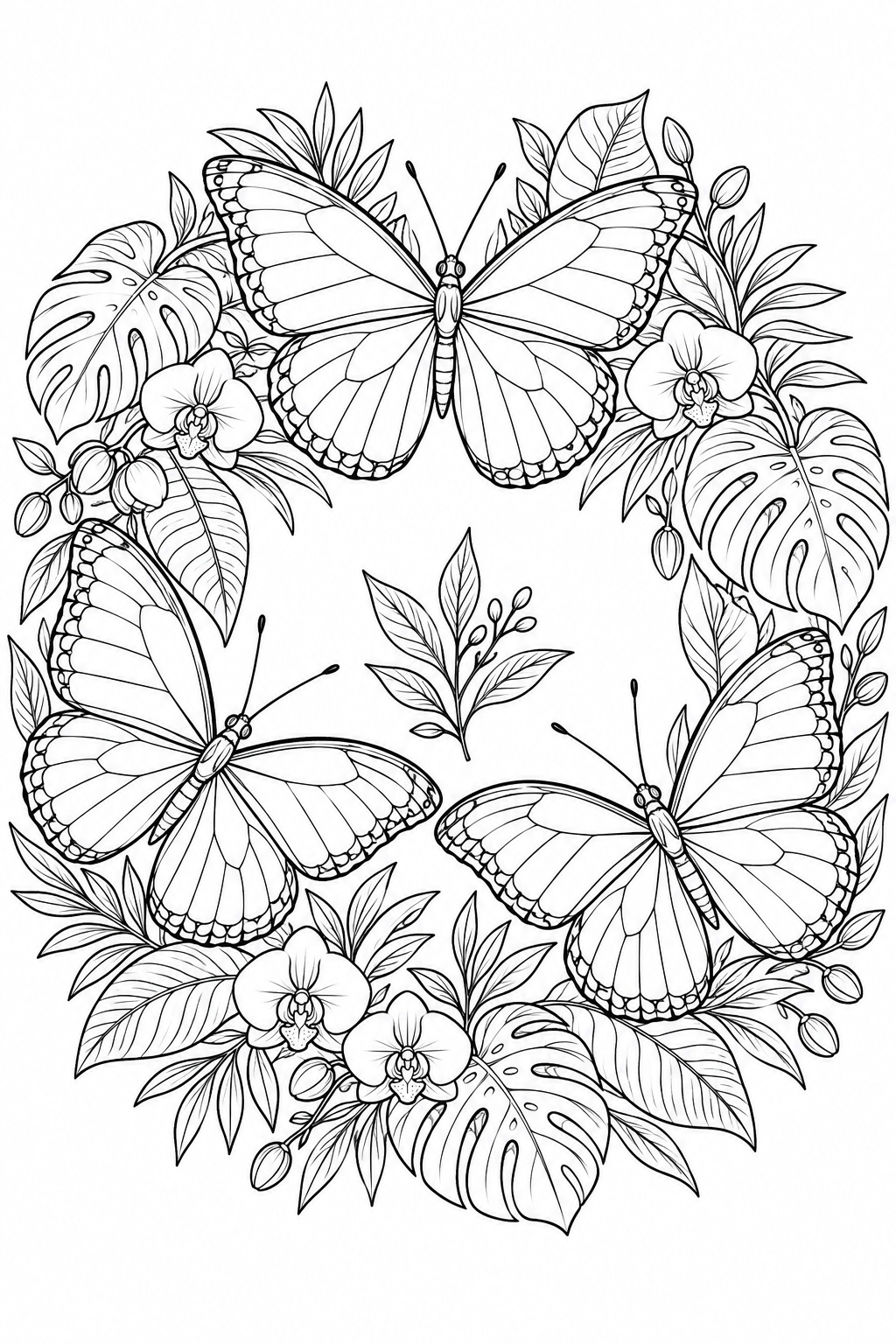 Blue Morpho Butterflies in a Tropical Leaf Wreath