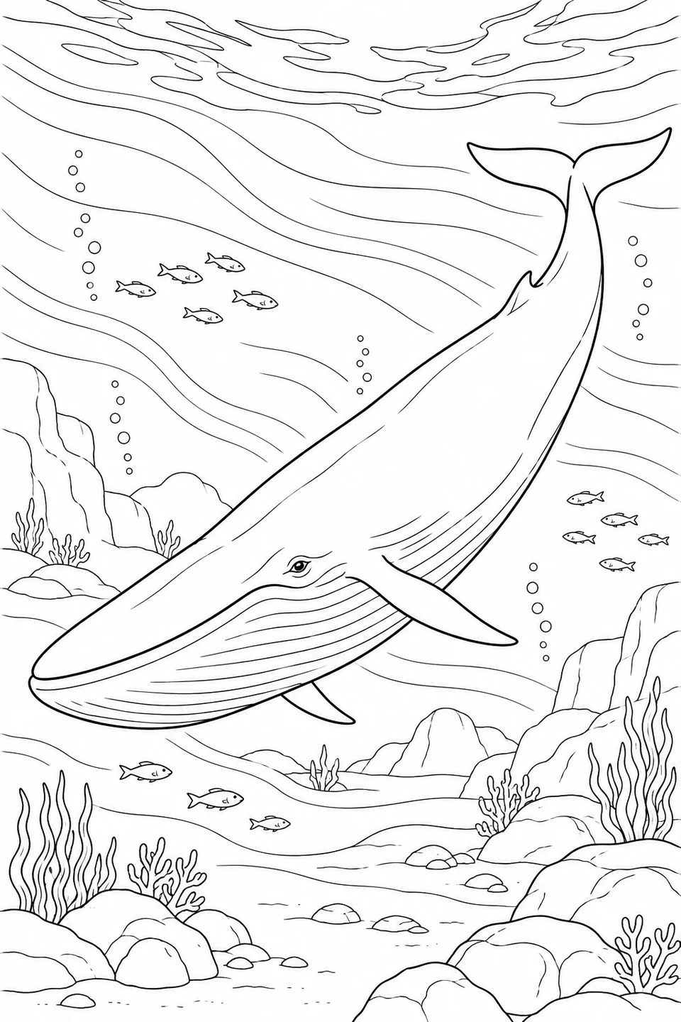 Balenottera azzurra: Una scena subacquea con correnti, pesciolini e fondale roccioso.