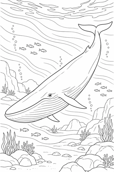 Blue Whale: An underwater scene with flowing water, small fish and rocky seabed.