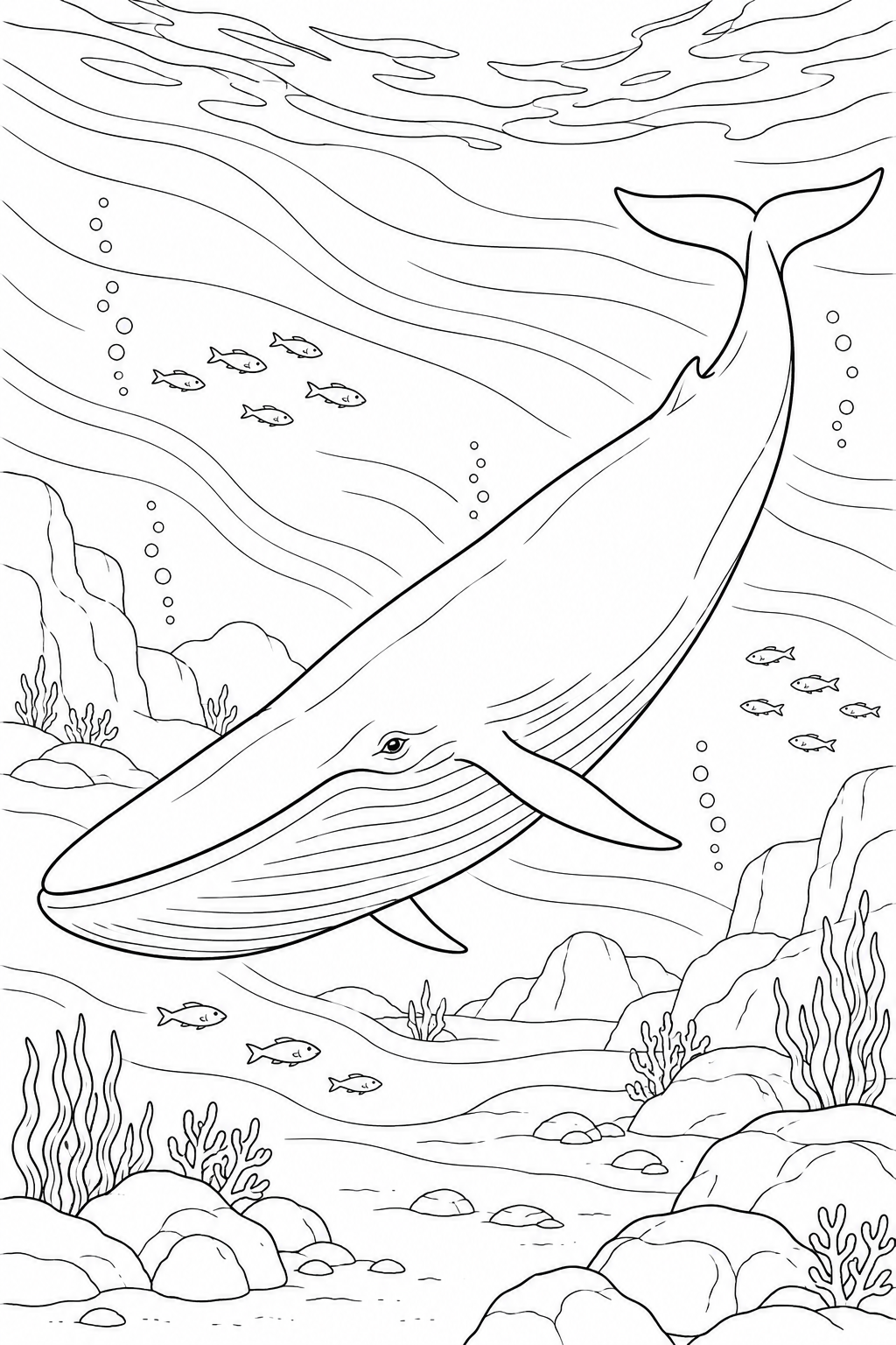 Baleine bleue: Une scène sous-marine avec des courants, de petits poissons et un fond rocheux.