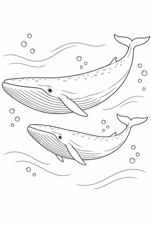 Blue Whale: Two companions swim together among gentle currents and bubbles.