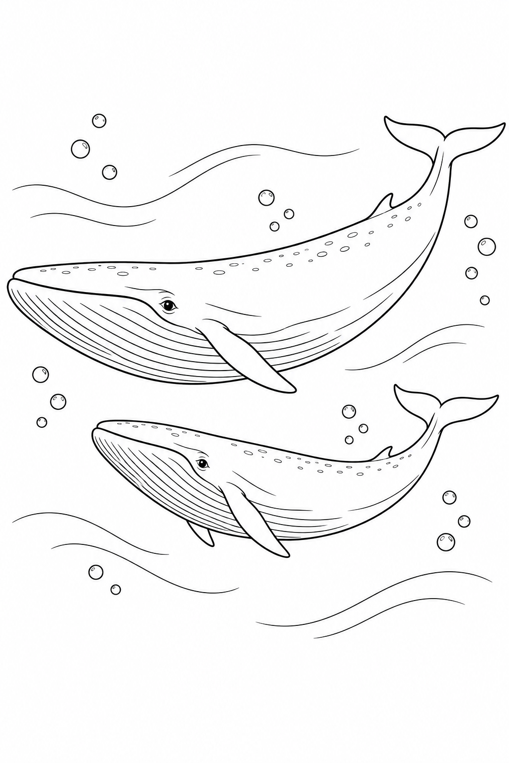 Blue Whale: Two companions swim together among gentle currents and bubbles.