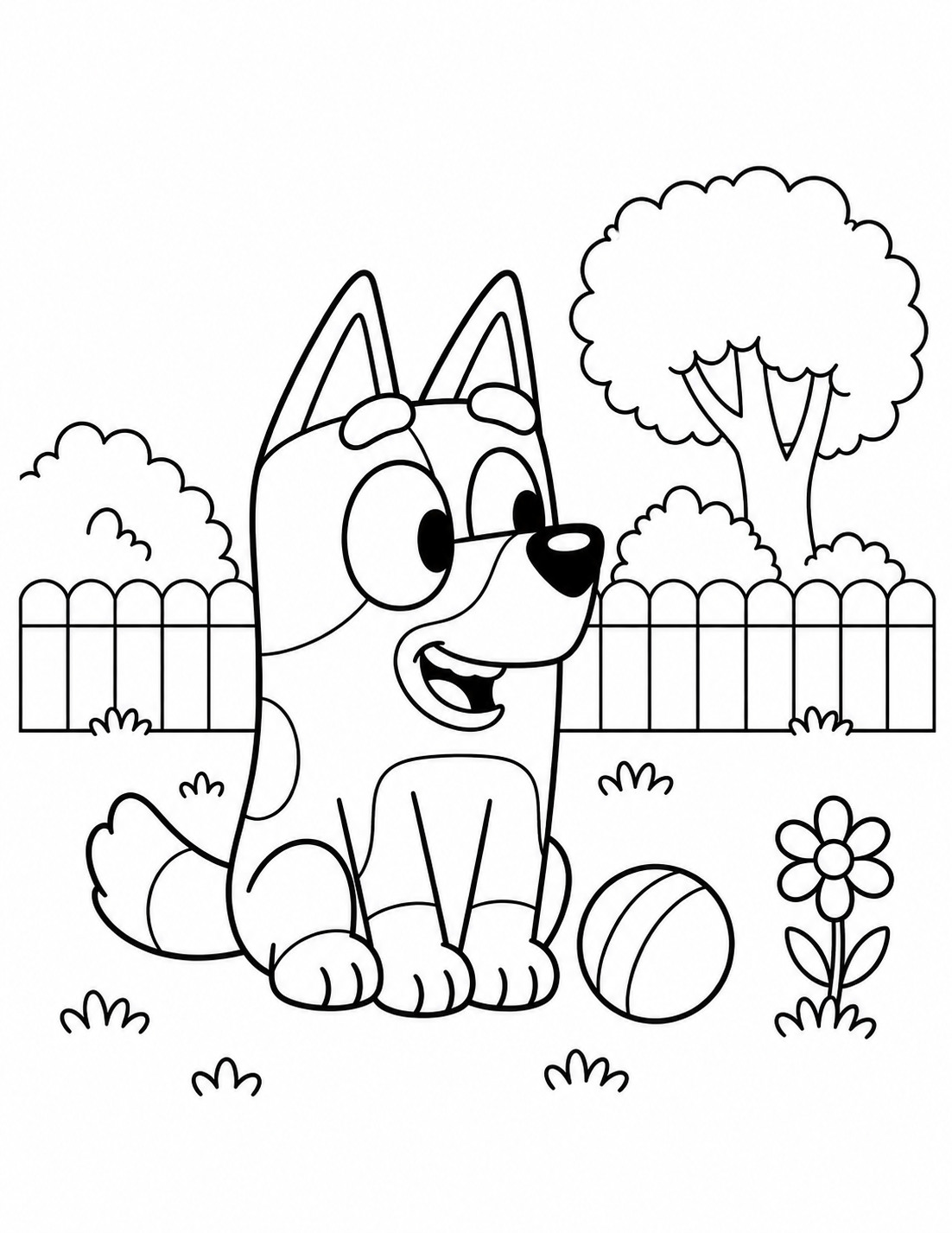 Bluey sits in a backyard beside a ball and a flower.