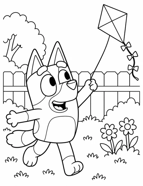 Bluey plays with a kite near a fence, a tree and flowers.