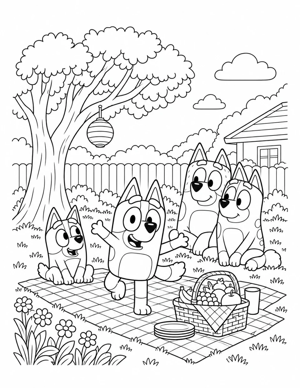 Bluey and three dog friends gather around a picnic blanket and fruit basket.