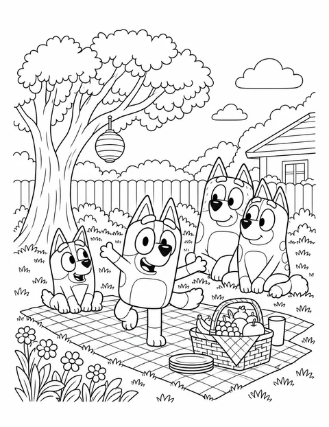 Bluey and three dog friends gather around a picnic blanket and fruit basket.