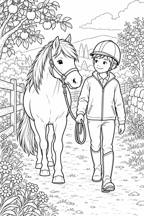 Un bambino con casco da equitazione conduce un pony lungo un sentiero nel frutteto, tra staccionate e fiori.