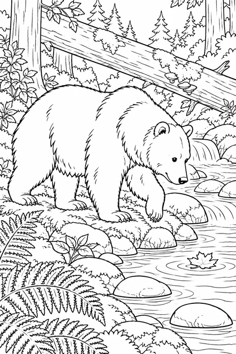 A brown bear watches a floating leaf beside a woodland creek, ferns, mossy rocks and a fallen log.