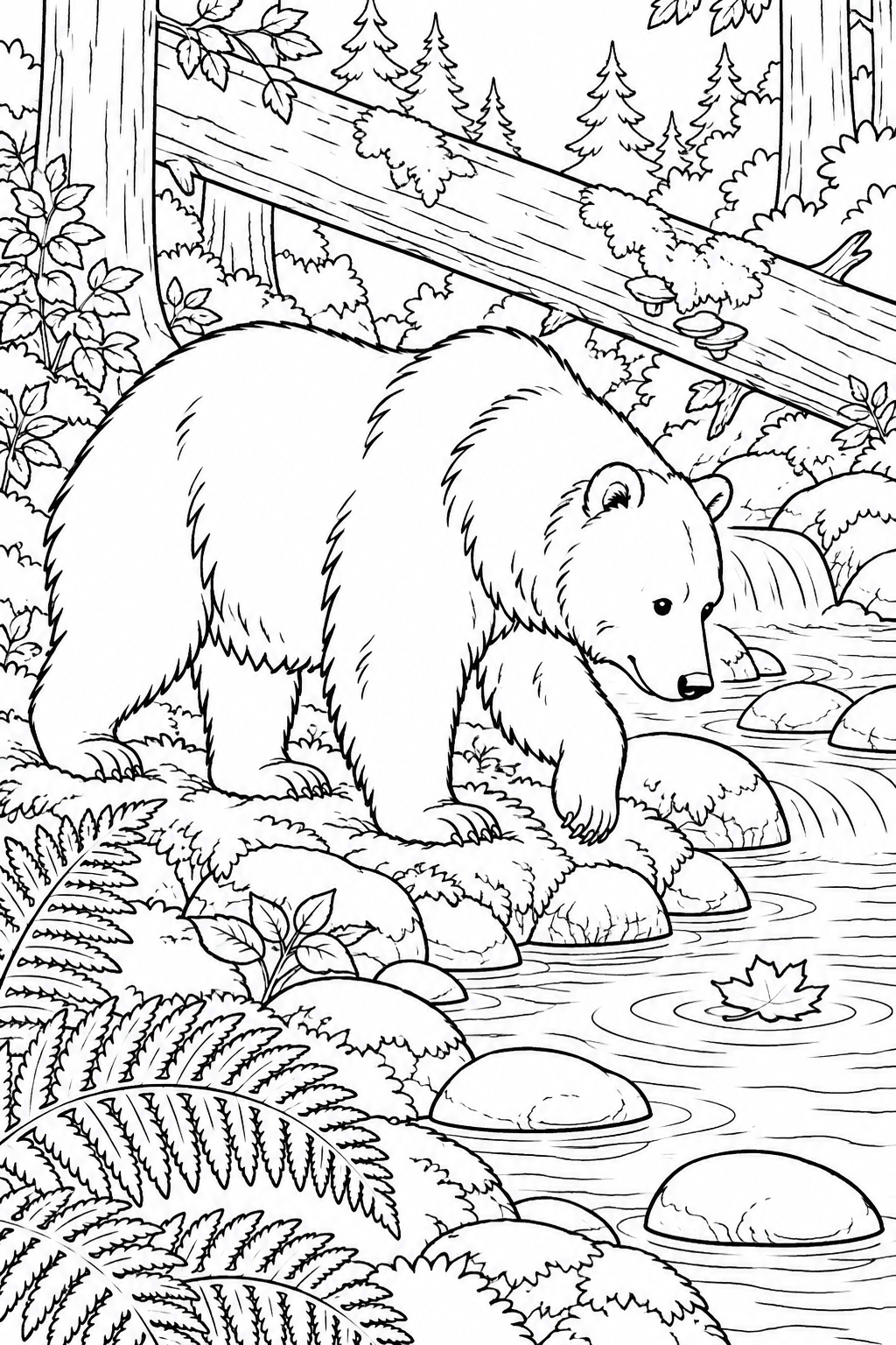 A brown bear watches a floating leaf beside a woodland creek, ferns, mossy rocks and a fallen log.