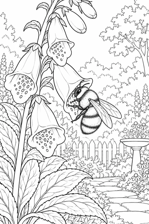 A bumblebee clings to a foxglove flower, with tall bell-shaped blooms beside a garden path and picket fence.