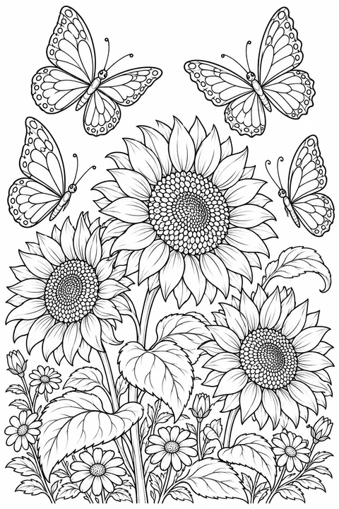 Vlinders met mooie vleugelpatronen vliegen tussen hoge zonnebloemen, krullende bladeren en madeliefjes.