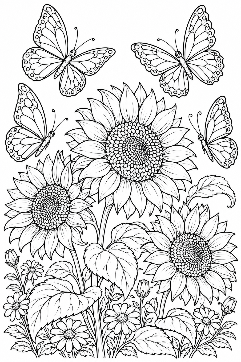 Vlinders met mooie vleugelpatronen vliegen tussen hoge zonnebloemen, krullende bladeren en madeliefjes.