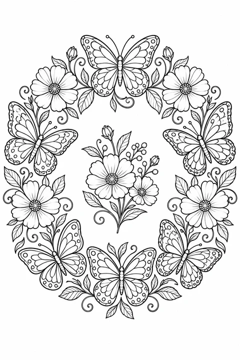 Vlinders met mooie patronen, bloemen, bladeren en krullende stengels vormen een ronde krans.