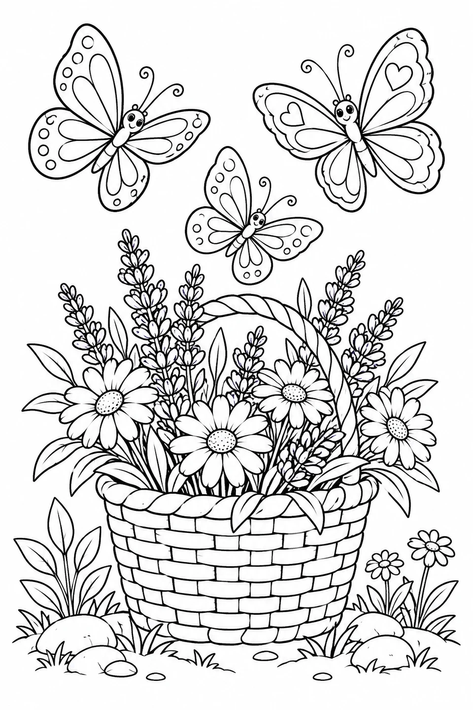 Vlinders fladderen boven een gevlochten mand met lavendel en madeliefjes in een kleine tuin.