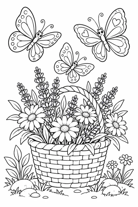 Vlinders fladderen boven een gevlochten mand met lavendel en madeliefjes in een kleine tuin.