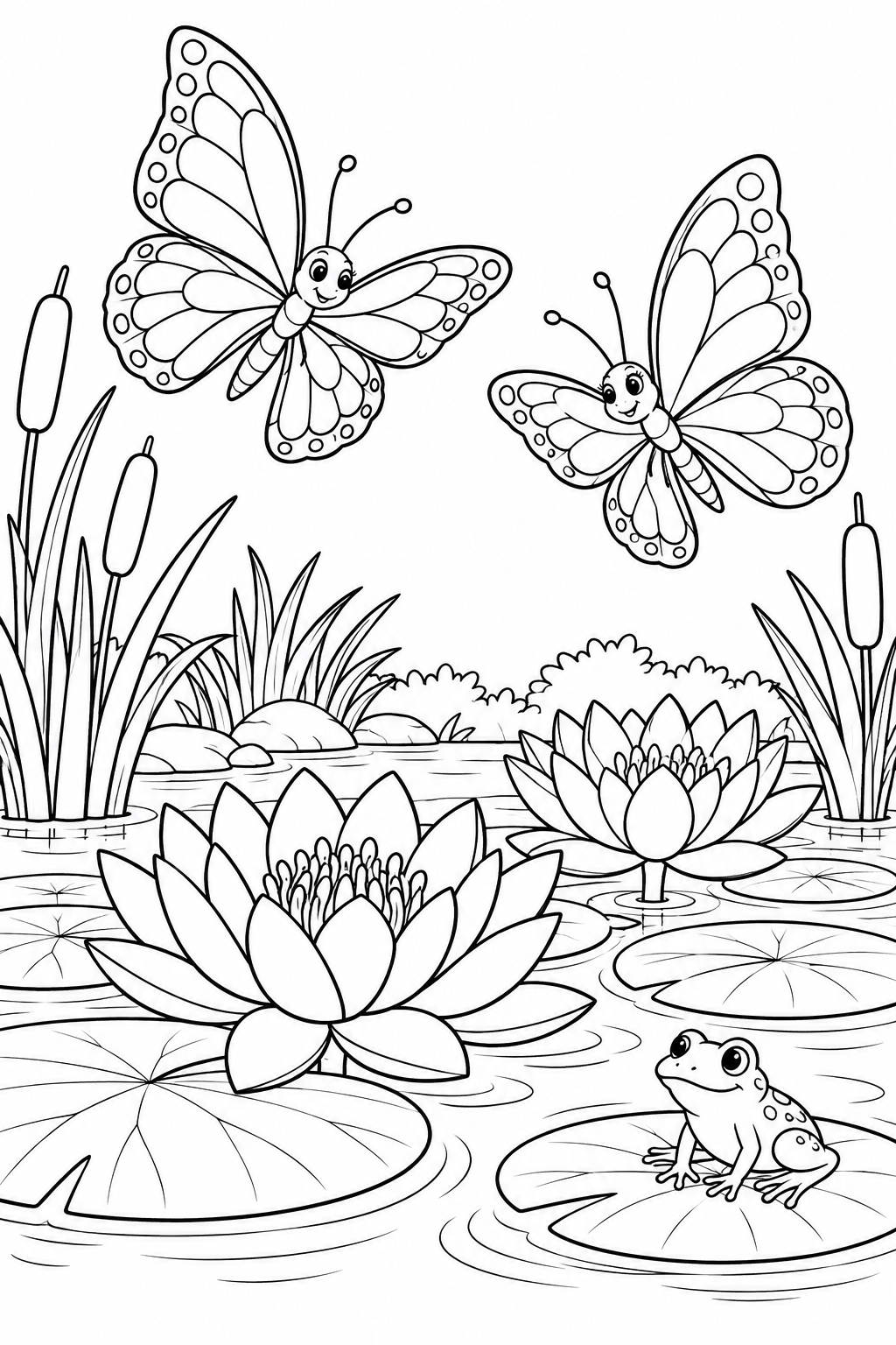Butterflies hover over water lilies, broad lily pads and gentle ripples in a pond.