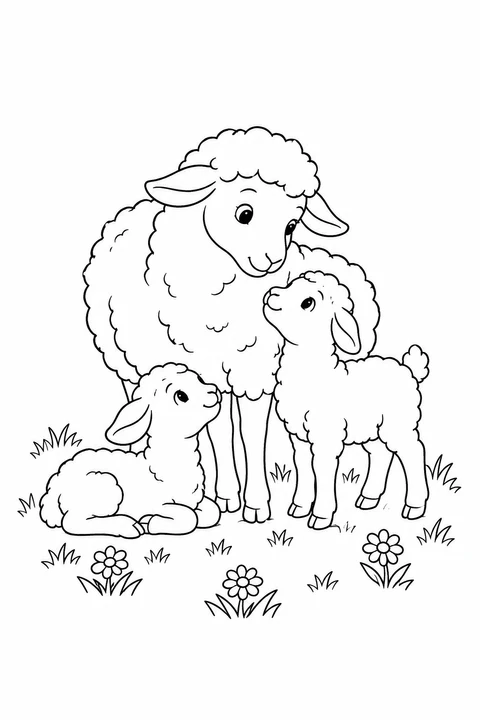 A large sheep with two smaller sheep, one lying down and one standing.