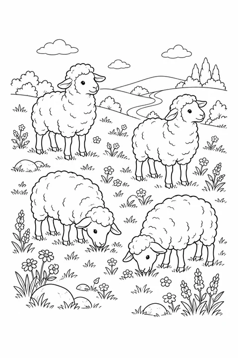 Four sheep standing and grazing on a hillside among flowers and stones.