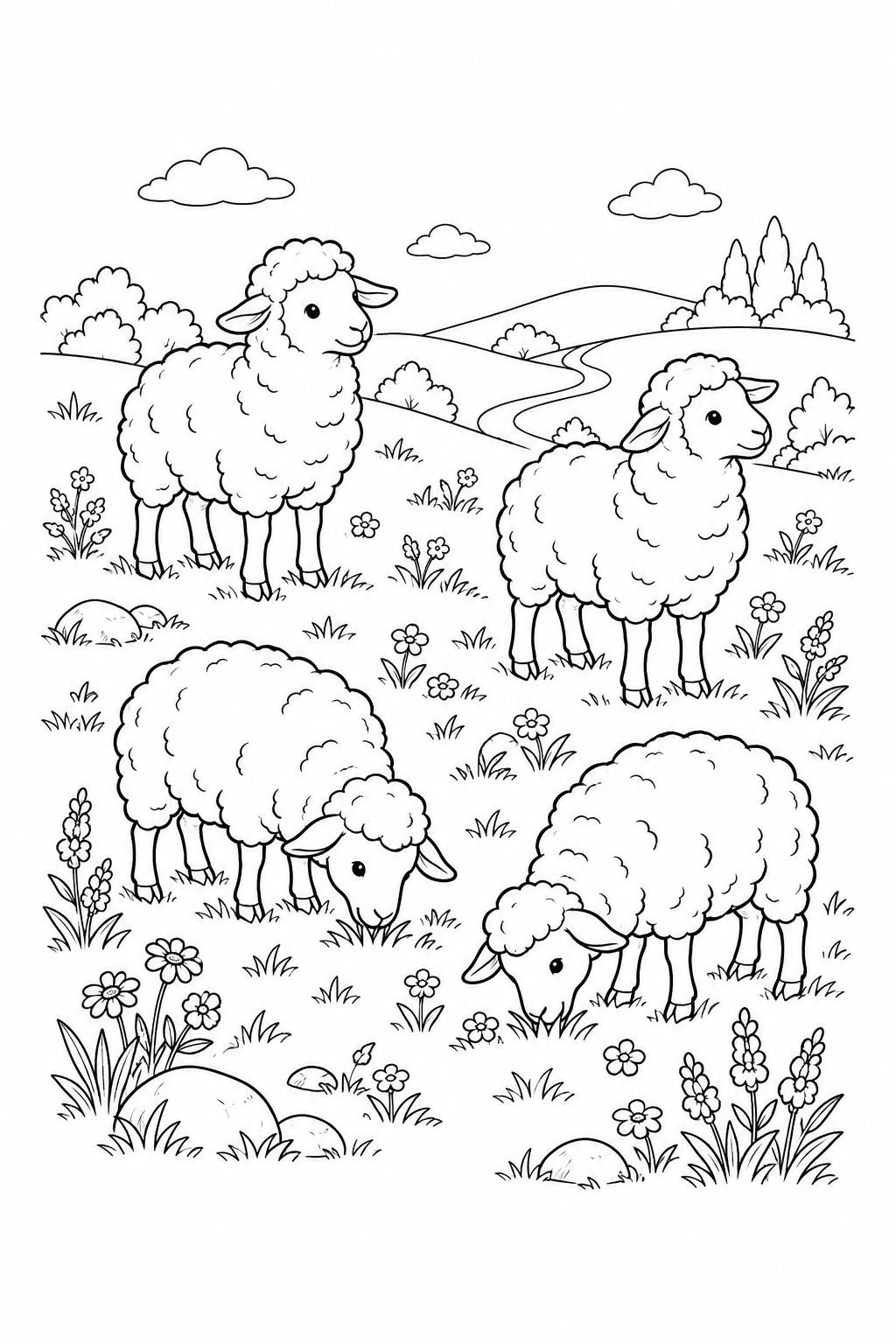 Four sheep standing and grazing on a hillside among flowers and stones.