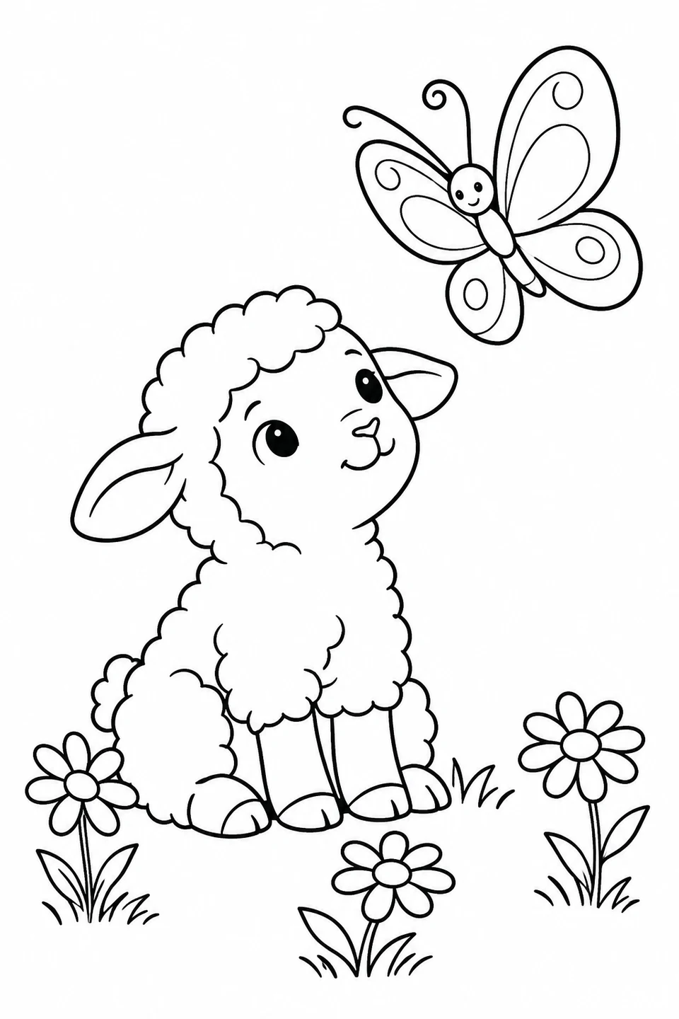 A sitting lamb looking up at a butterfly above three small flowers.