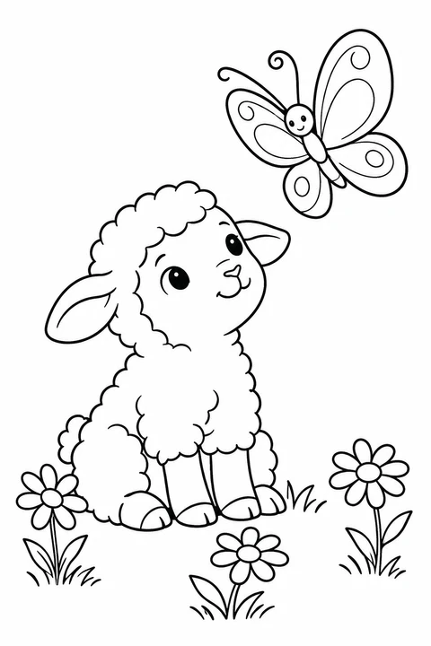 A sitting lamb looking up at a butterfly above three small flowers.