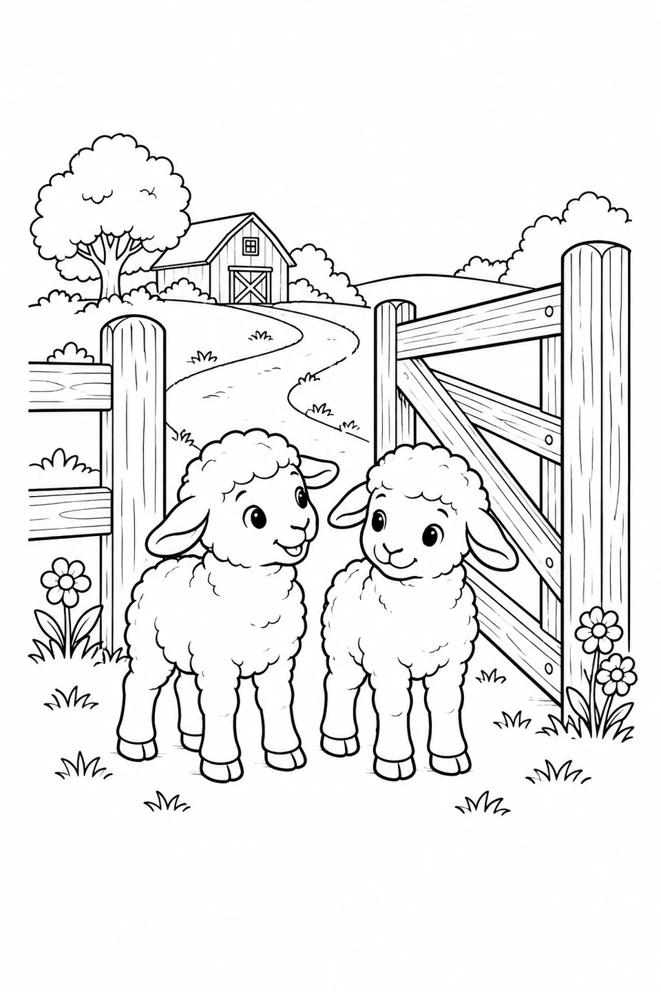 Two young lambs beside an open wooden farm gate and a curving path.