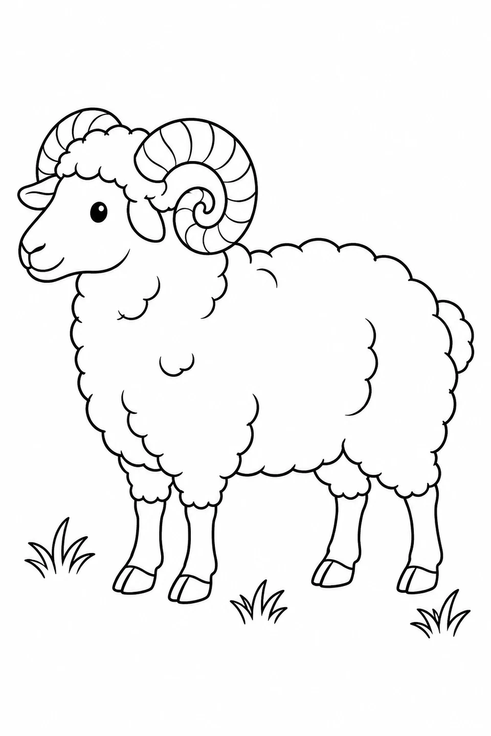 Sheep in side view with curled, banded horns and four visible legs.