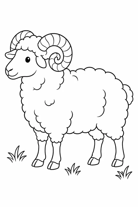 Sheep in side view with curled, banded horns and four visible legs.