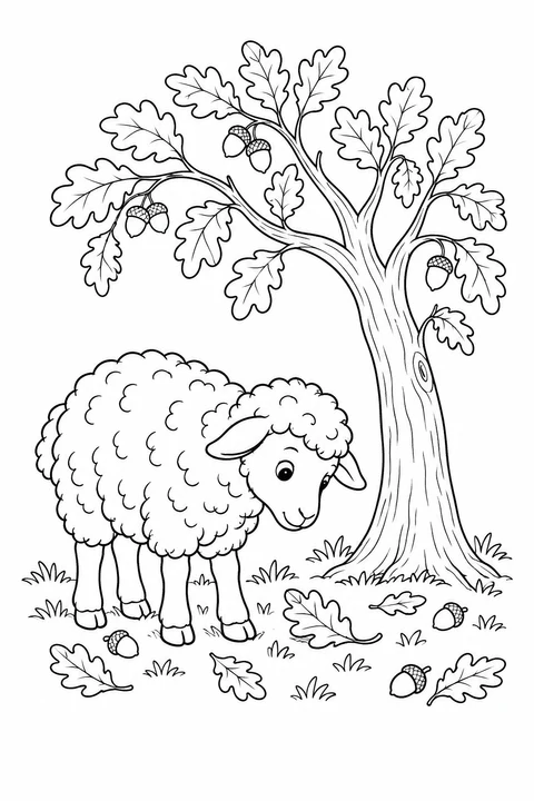 A sheep beside an oak tree with fallen leaves and acorns around its hooves.