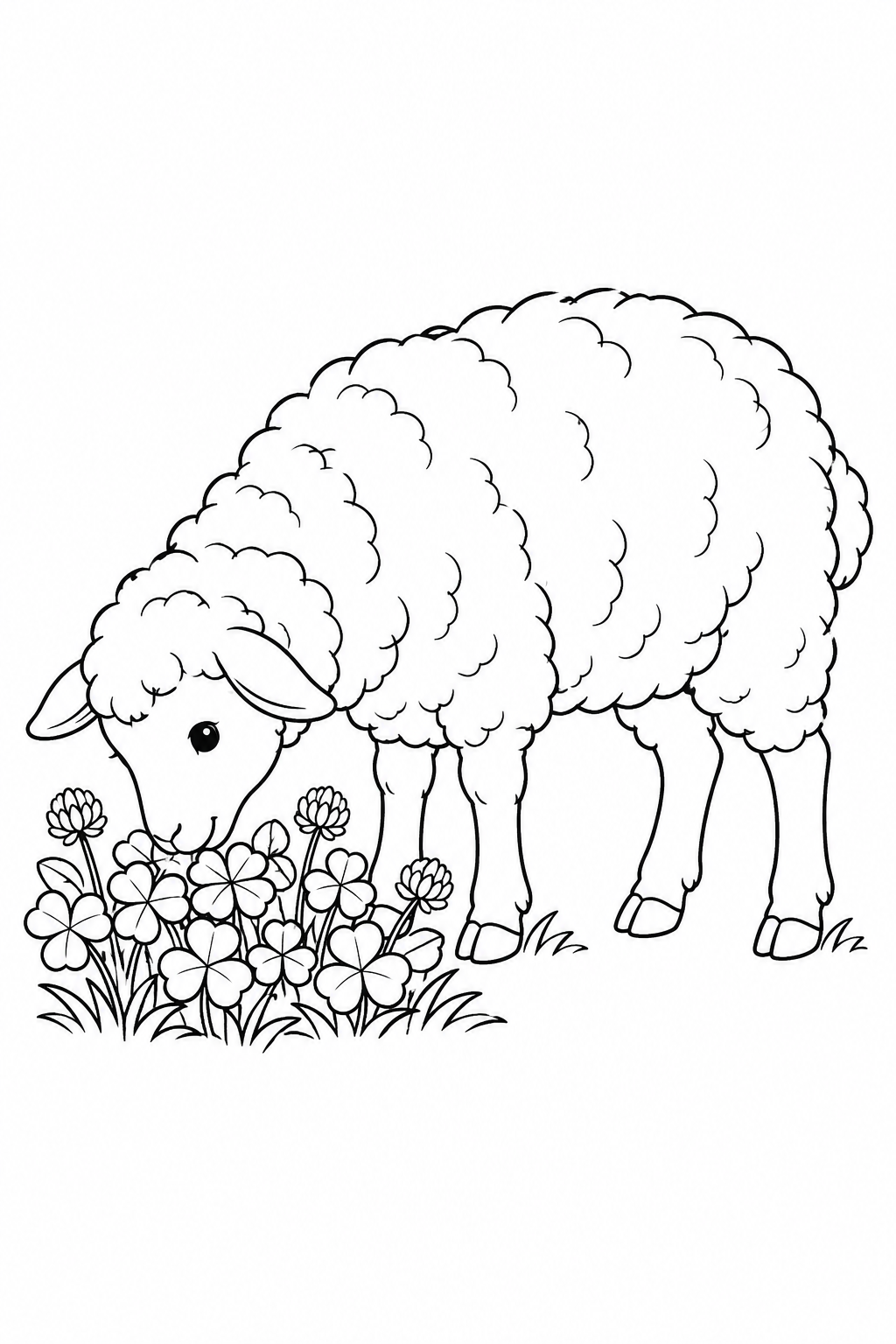 Una pecora abbassa la testa per brucare tra foglie e fiori di trifoglio.