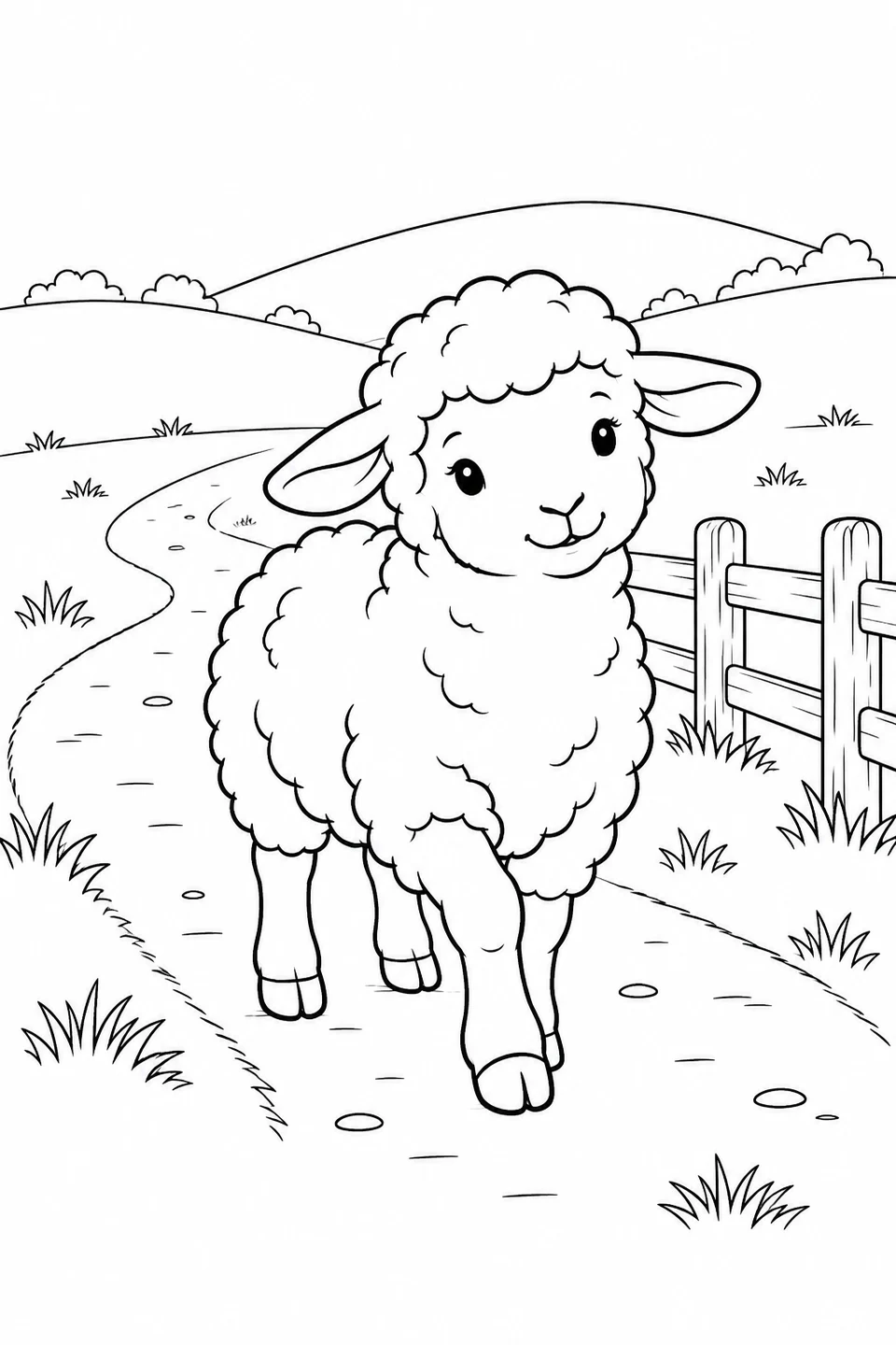 A sheep walking along a winding path next to a wooden fence and a grassy hill.