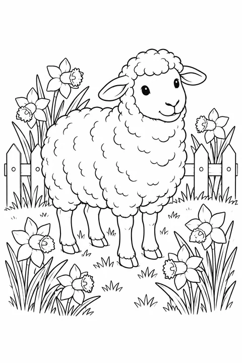 A woolly sheep among daffodils with a small garden fence behind it.
