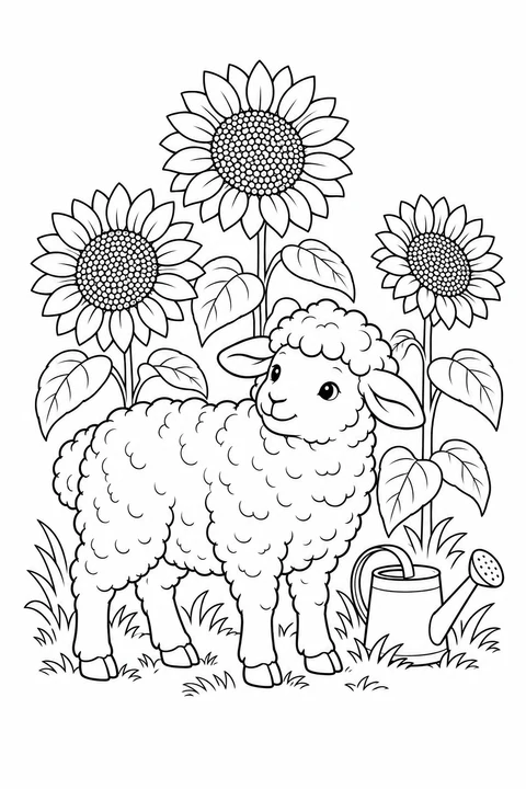 A sheep beside three sunflowers with broad leaves and a small watering can.