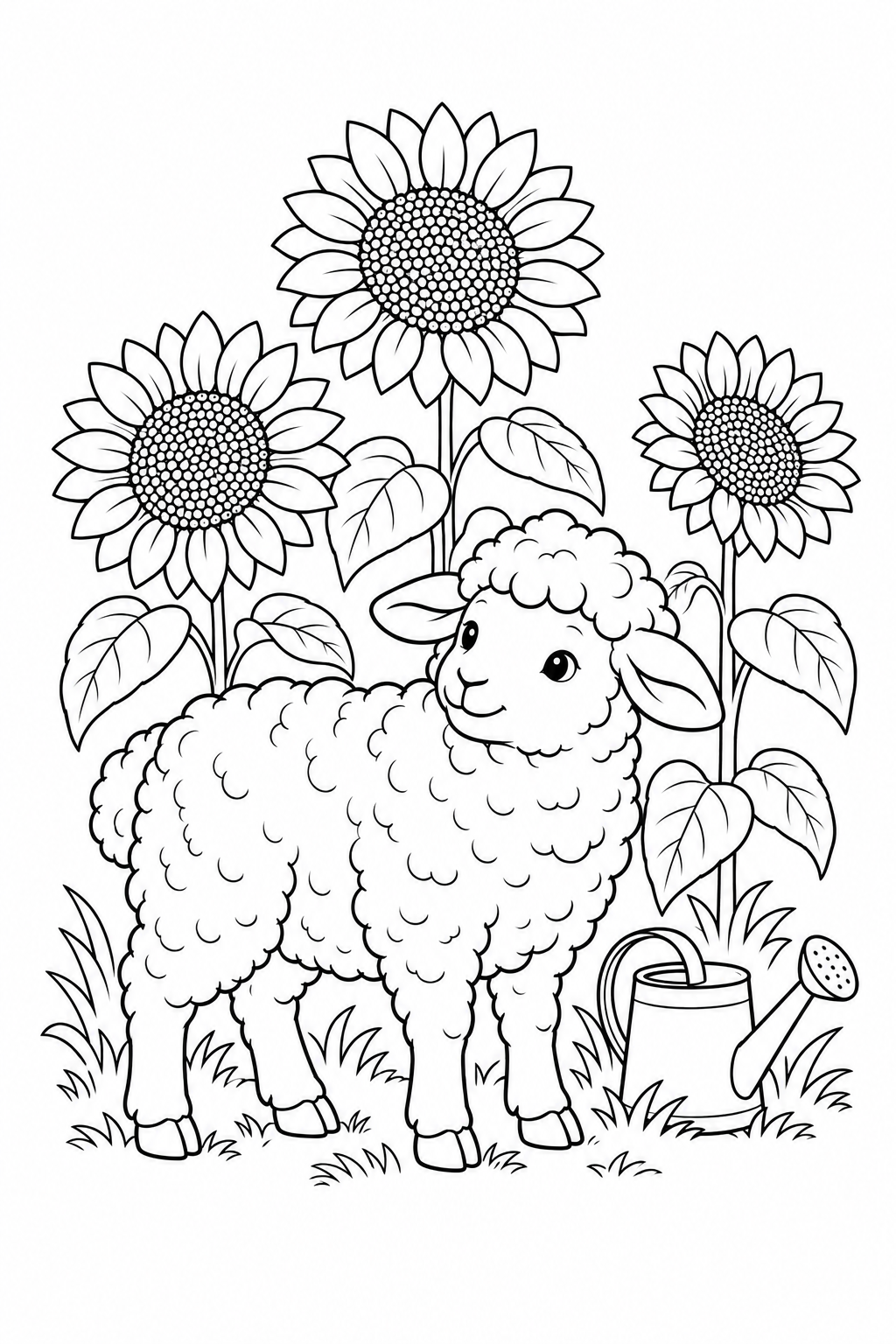 A sheep beside three sunflowers with broad leaves and a small watering can.
