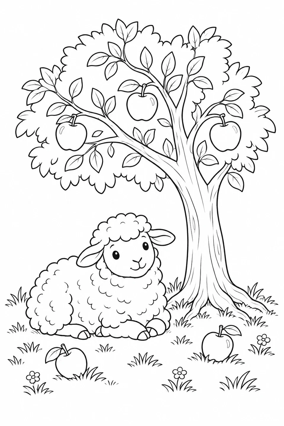 A sheep lying beneath an apple tree beside fallen apples.