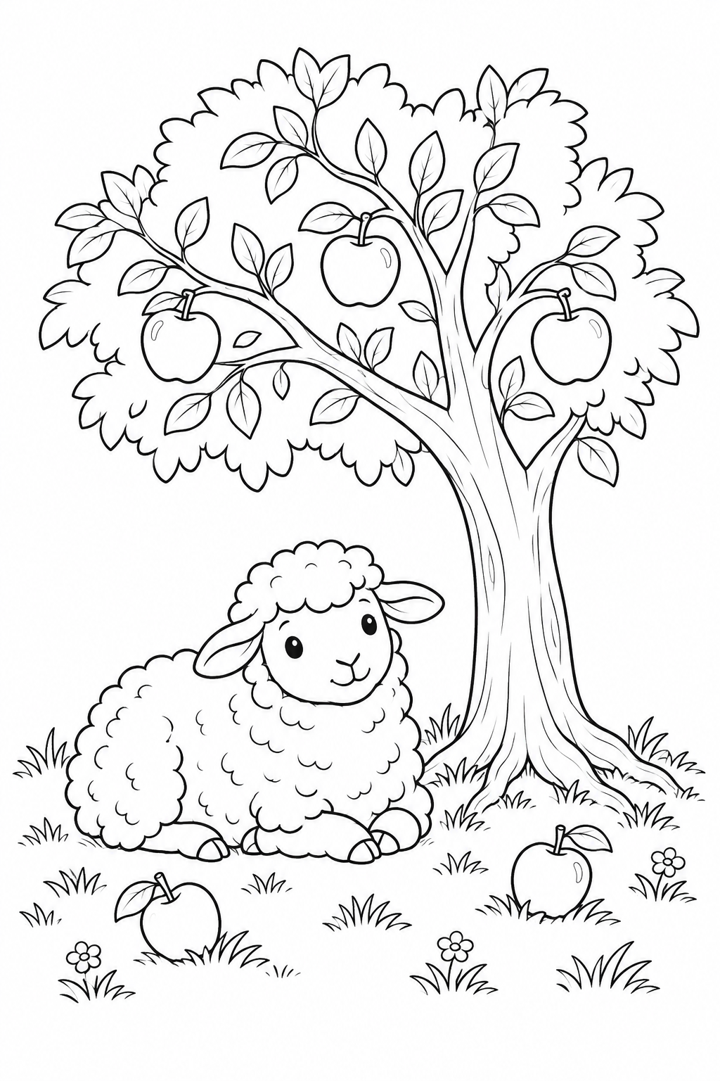 A sheep lying beneath an apple tree beside fallen apples.