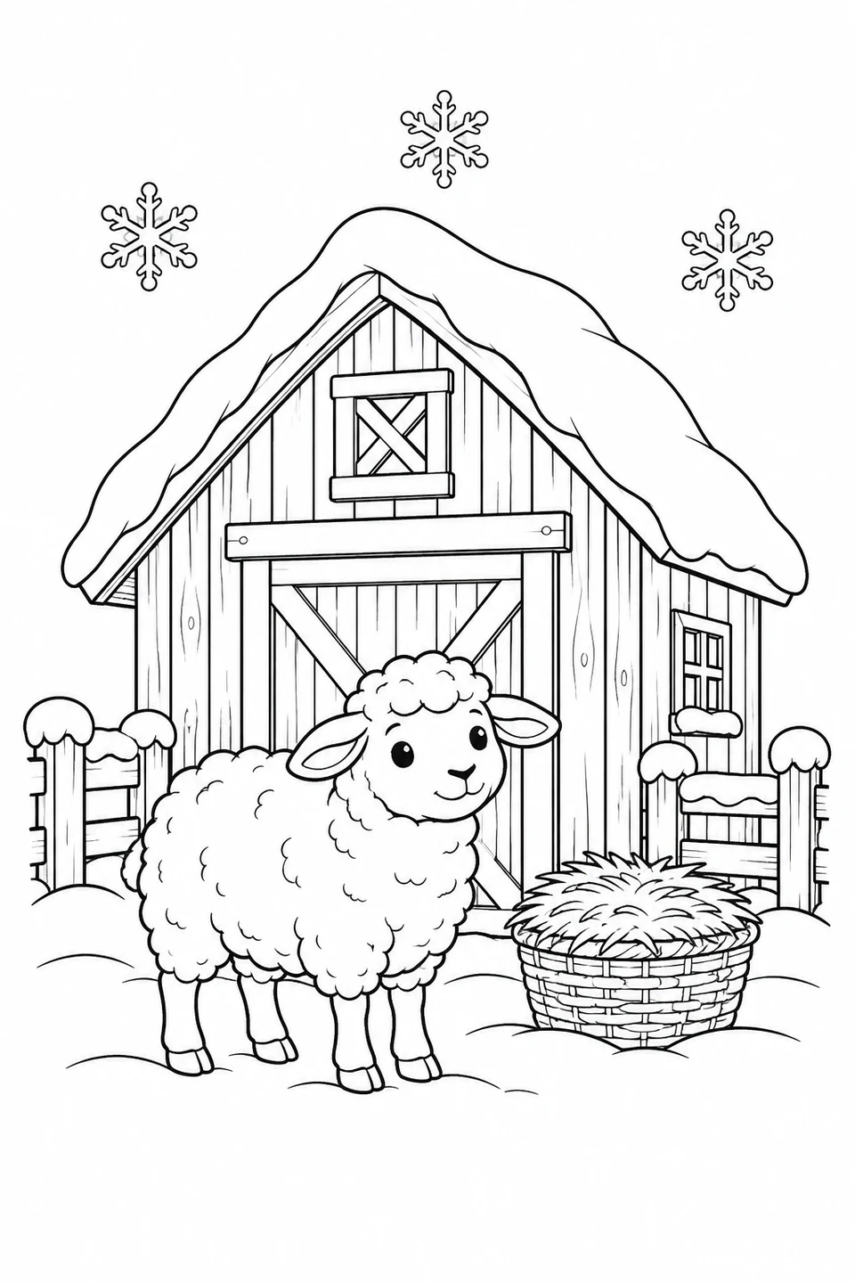 A sheep beside a basket of hay outside a barn with snow on the roof and fence.