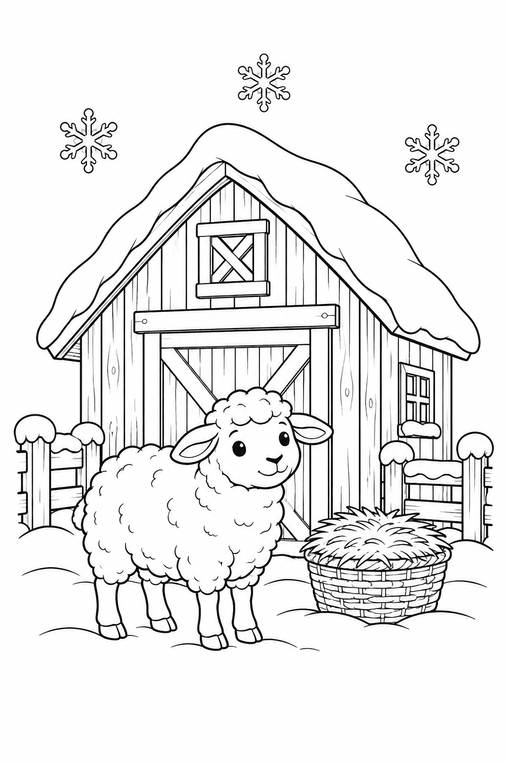 A sheep beside a basket of hay outside a barn with snow on the roof and fence.