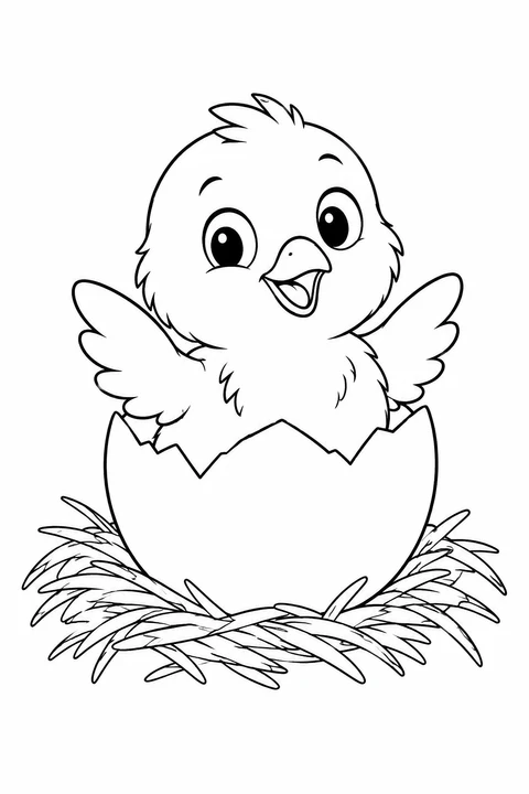 A chick spreads its little wings above a plain cracked eggshell in straw.