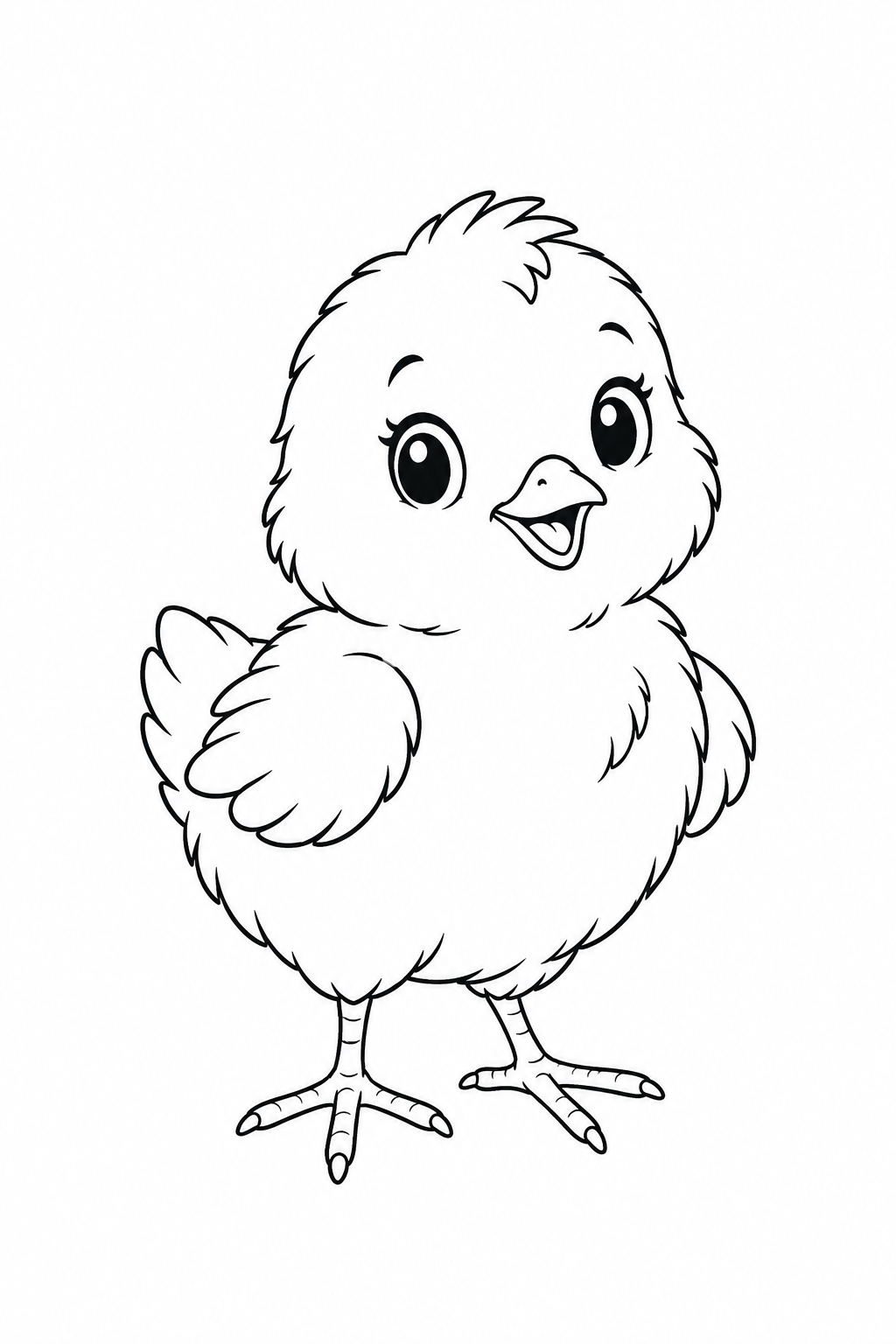 A fluffy chick stands with two feet and small rounded wings.