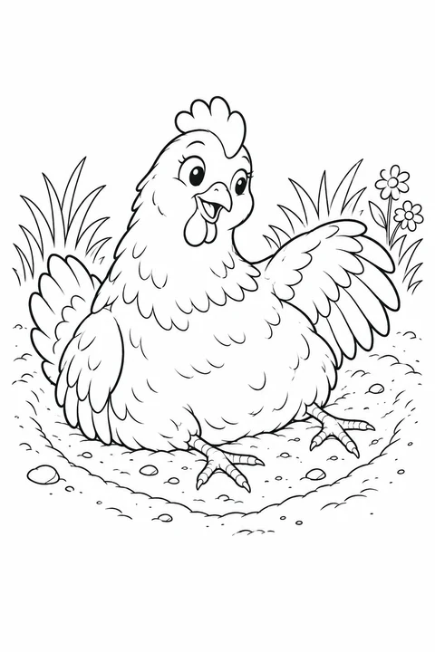 A hen sits in a shallow dry hollow with one wing raised and pebbles nearby.