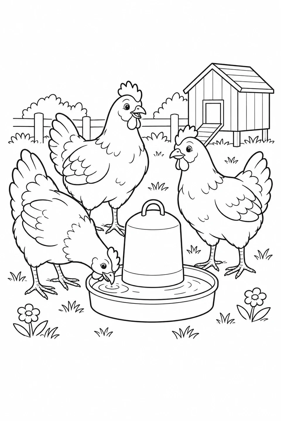 Three chickens gather around a round poultry waterer, and one bends down to drink.