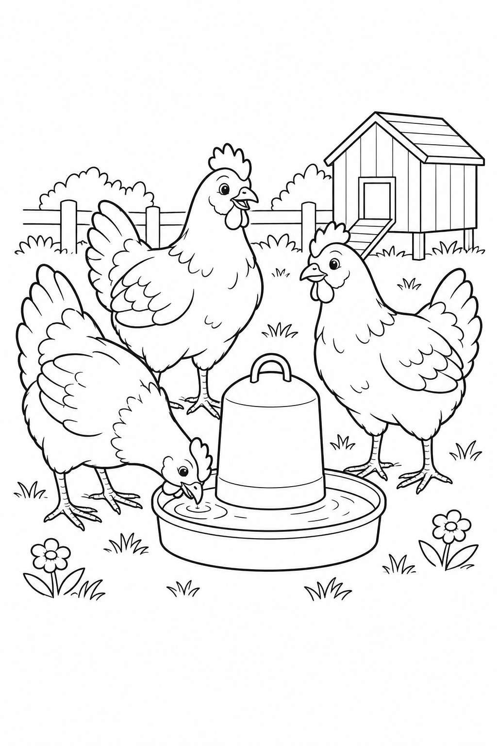Three chickens gather around a round poultry waterer, and one bends down to drink.