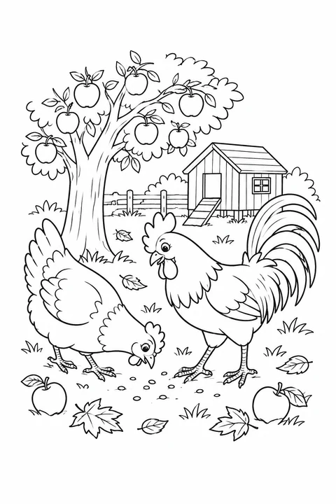A hen and a rooster look for food beneath an apple tree near a small coop.