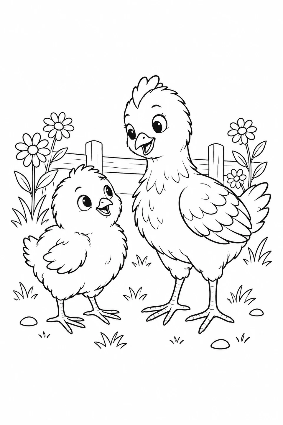A fluffy chick stands beside a taller chicken, with flowers and a wooden fence behind them.