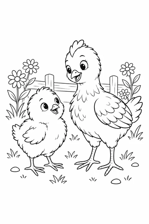 A fluffy chick stands beside a taller chicken, with flowers and a wooden fence behind them.