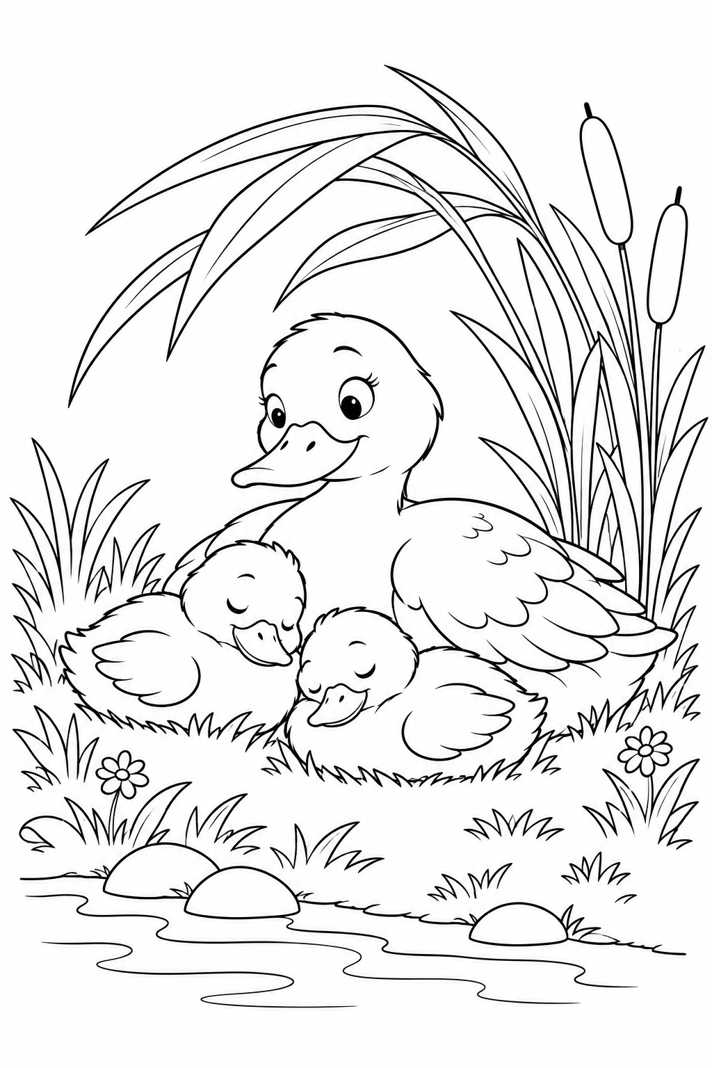 A mother duck rests beside two sleeping ducklings among tall waterside leaves.